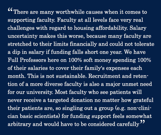 Quote - There are many worthwhile causes when it comes to supporting faculty. Faculty at all levels face very real challenges with regard to housing affordability. Salary uncertainty makes this worse, because many faculty are stretched to their limits financially and could not tolerate a dip in salary if funding falls short one year. We have Full Professors here on 100% soft money spending 100% of their salaries to cover their family's expenses each month. This is not sustainable. Recruitment and retention of a more diverse faculty is also a major unmet need for our university. Most faculty who see patients will never receive a targeted donation no matter how grateful their patients are, so singling out a group (e.g. non-clinician basic scientists) for funding support feels somewhat arbitrary and would have to be considered carefully
