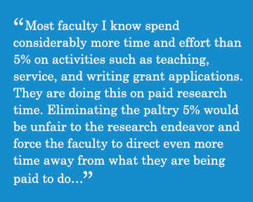 Caption - Most faculty I know spend  considerably more time and effort than 5% on activities such as teaching, service, and writing grant applications. They are doing this on paid research time. Eliminating the paltry 5% would be unfair to the research endeavor and force the faculty to direct even more time away from what they are being paid to do