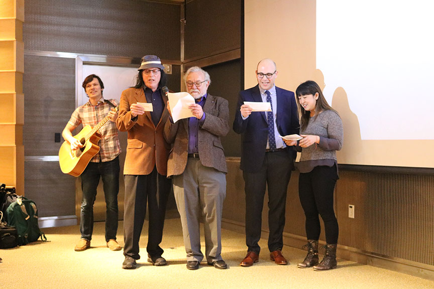 A group of UC scientists: (left to right) Vladislav Belyy, PhD, UCLA's David Eisenberg, DPhil, AB, Peter Walter, PhD, Oren Rosenberg, MD, PhD, and Seemay Chou, PhD, perform a musical parody about Stroud's research to the melody of Bob Dylan's "Blowin' in the Wind."